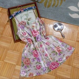 Vintage white with pink, purple and green floral print satin slip dress